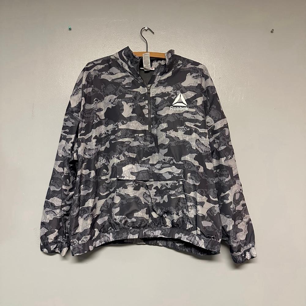 Men's Reebok Camo Windbreaker Jacket XL Gray White Y2K 1/2 zip pull over